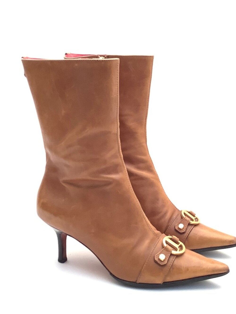 Judith Leiber Ankle Boots Tan Leather Kitten Heel Big Logo Pointy Toe